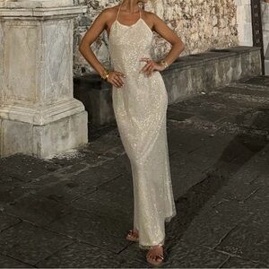 12th Tribe Serafino Gold Embellished Maxi Dress Size LL